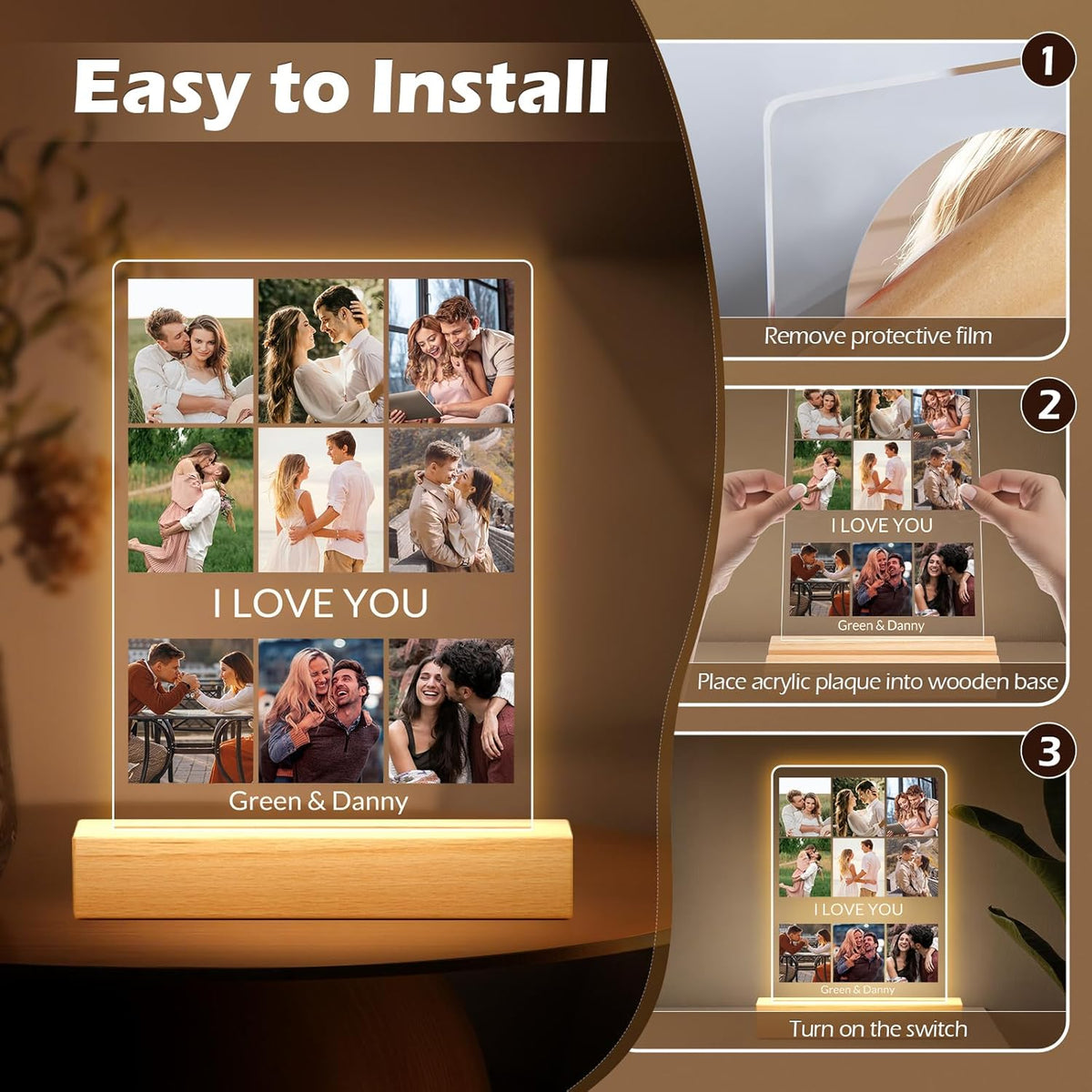 Custom Picture Frames with Photo, Personalized Photo Frame with Night Light, Customized Picture