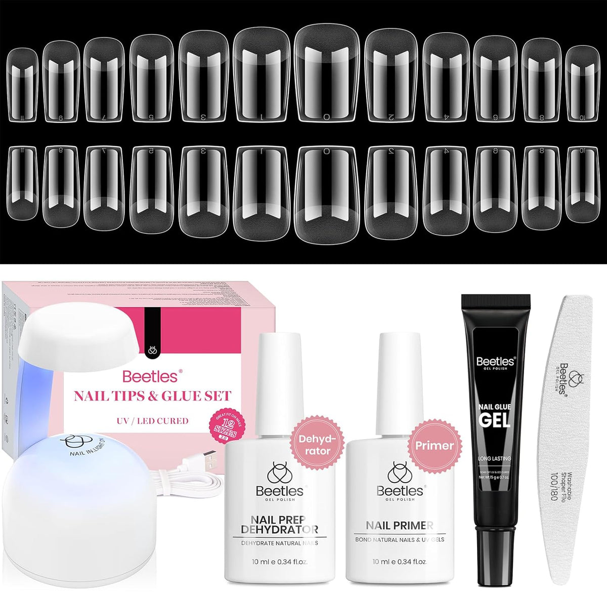 Beetles Gel Nail Kit Short Square with Nail Dehydrator and Primer, 576Pcs Half Matte Etch-X Gel
