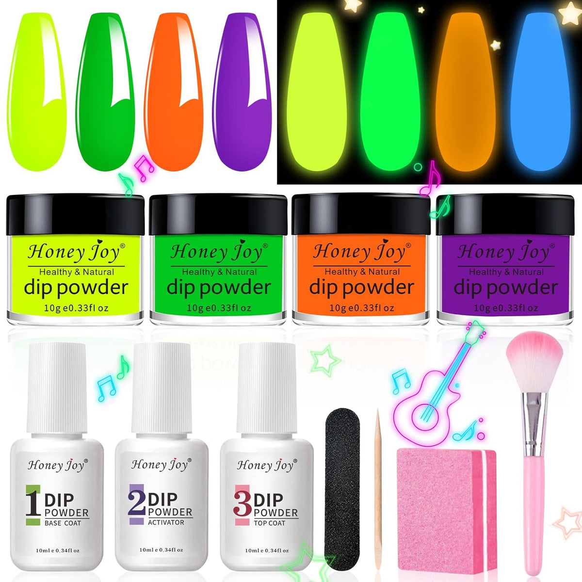 Honey Joy Dip Powder Nail Kit Starter, 4 Colors Glow in Dark Neon Dipping Powder Liquid Set for