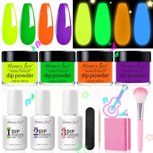 Honey Joy Dip Powder Nail Kit Starter, 4 Colors Glow in Dark Neon Dipping Powder Liquid Set for