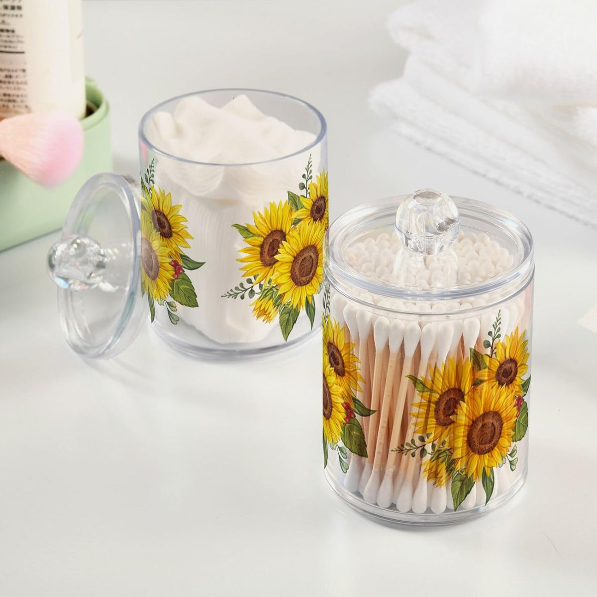 Gredecor Qtip Holder Dispenser 2 Pack Yellow Watercolor Sunflowers Bathroom Decorative Storage