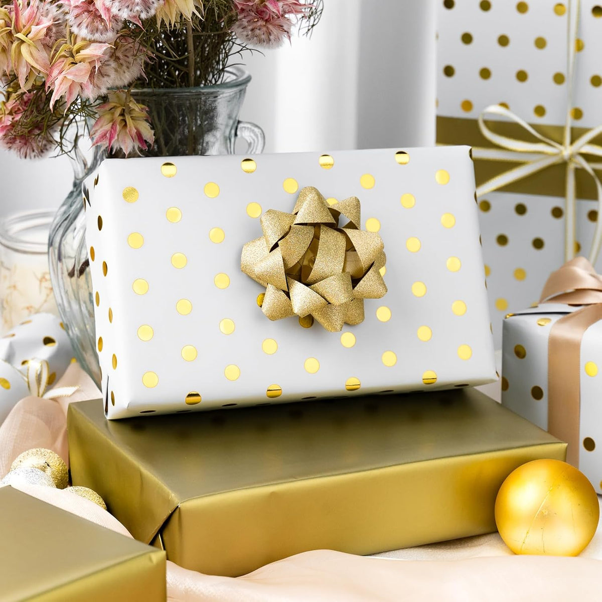 Flyhill Reversible Wrapping Paper-Mini Roll,Gold Foil and Polka Dot Design for