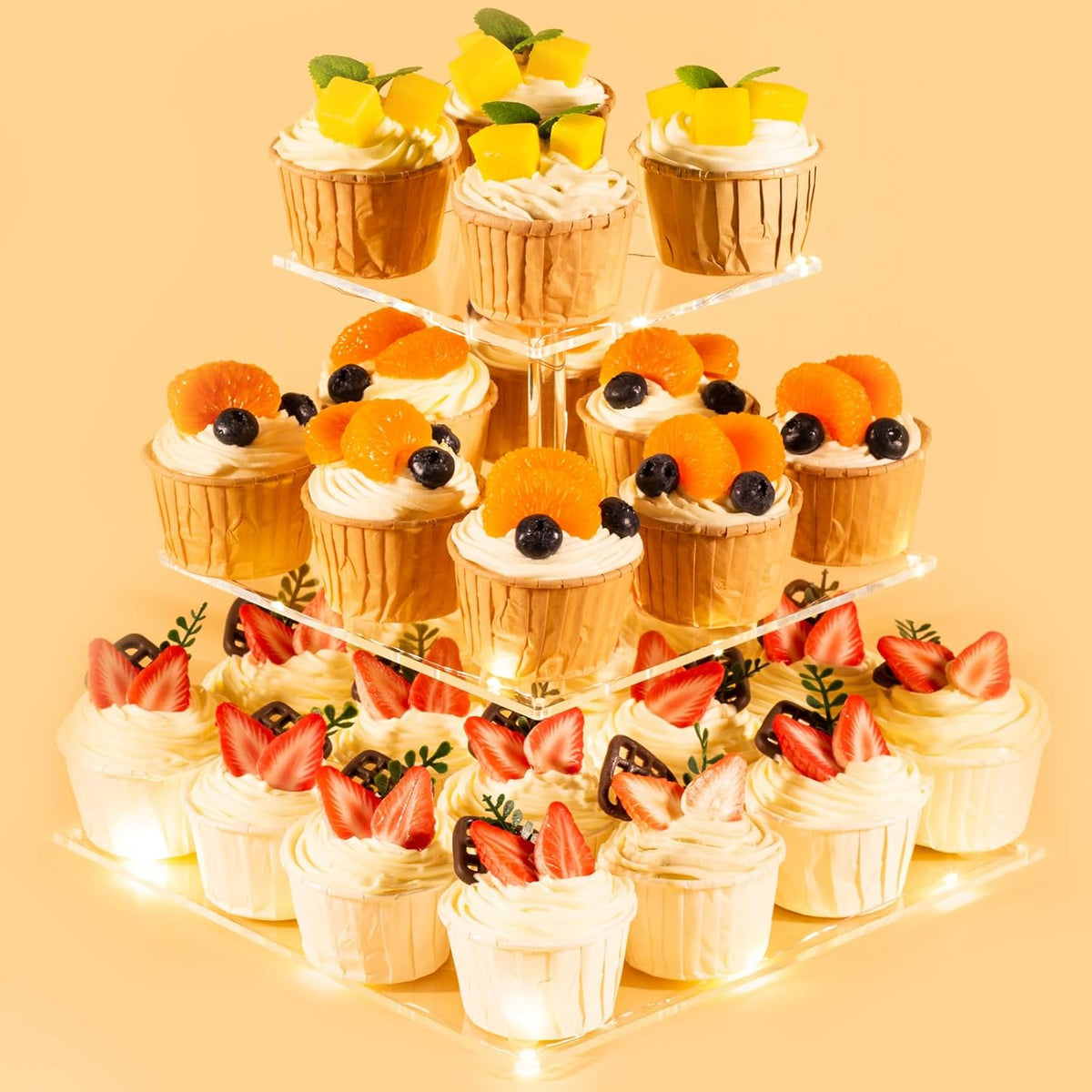 3 Tier Cupcake Stand Cupcake Holder, Acrylic Cupcake Tower with LED Yellow Light for 24 Cupcakes