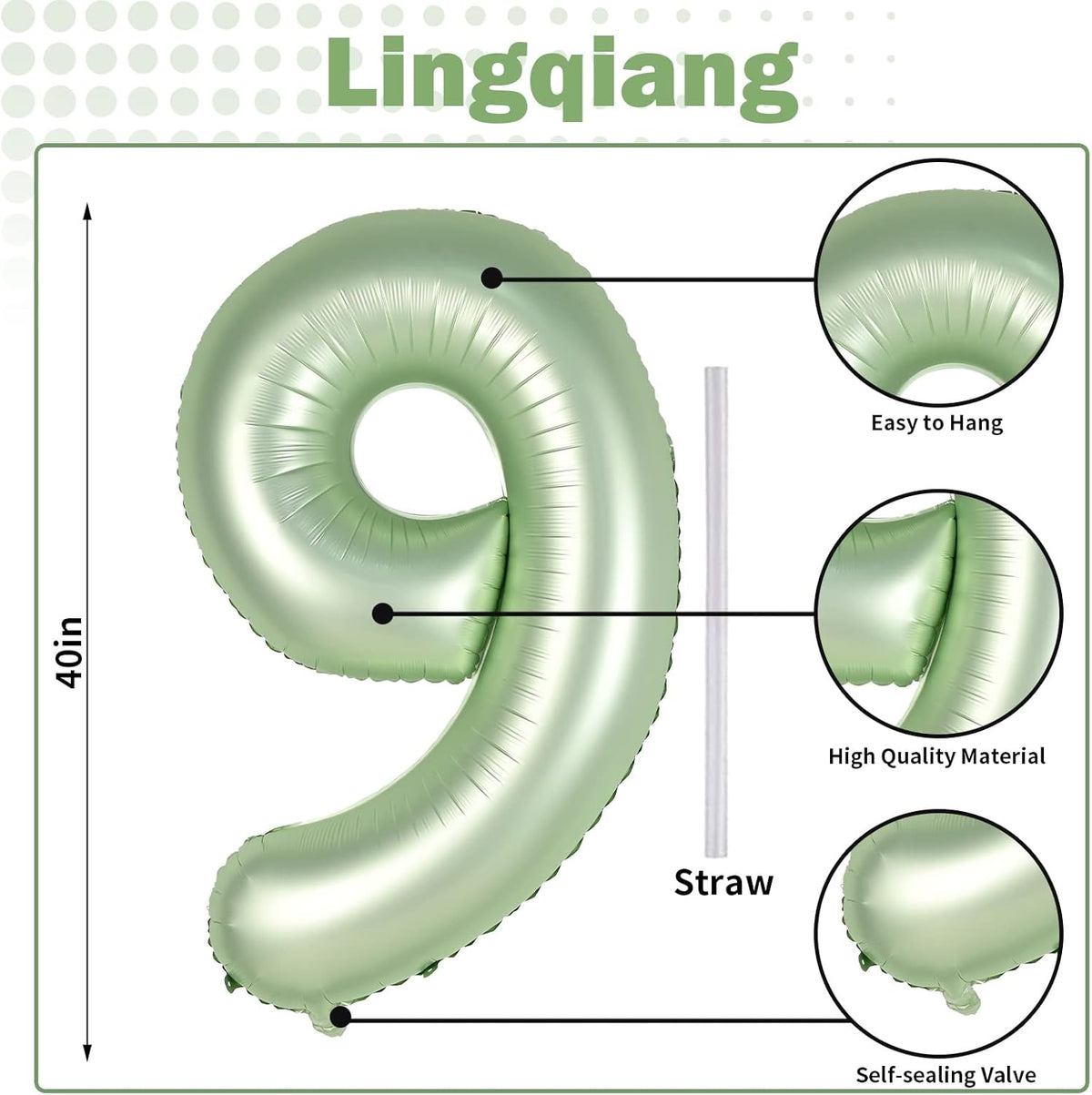 40'' Sage Green Number 9 Balloon, Self Inflating Foil Number Balloons Set 0-9, Olive Green Digital
