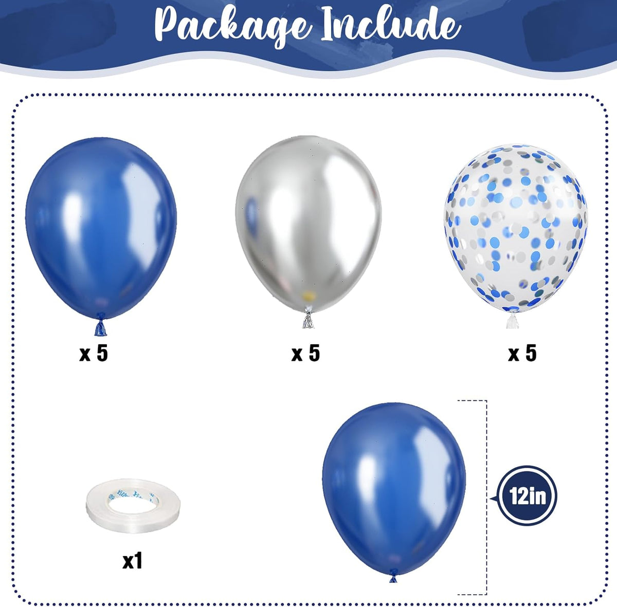 Navy Blue and Silver Balloons, Pearl Navy Blue Metallic Silver Latex Balloons Set Decor with 12