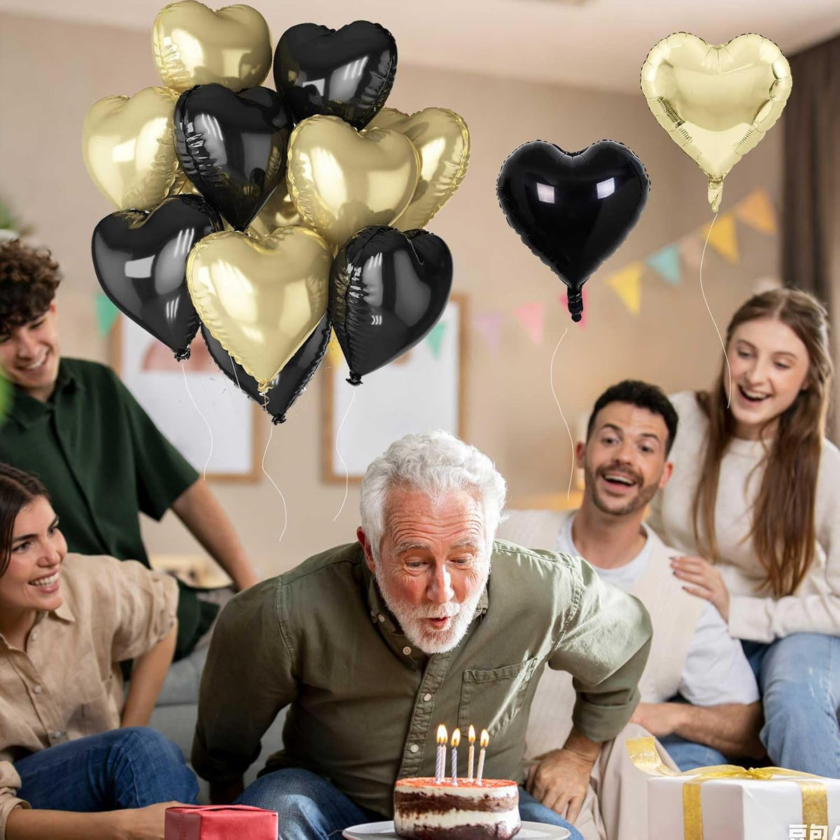Black Gold Foil Heart Balloons, 18 Inch 10 Pcs Light Gold and Black Heart Shape Mylar Balloons