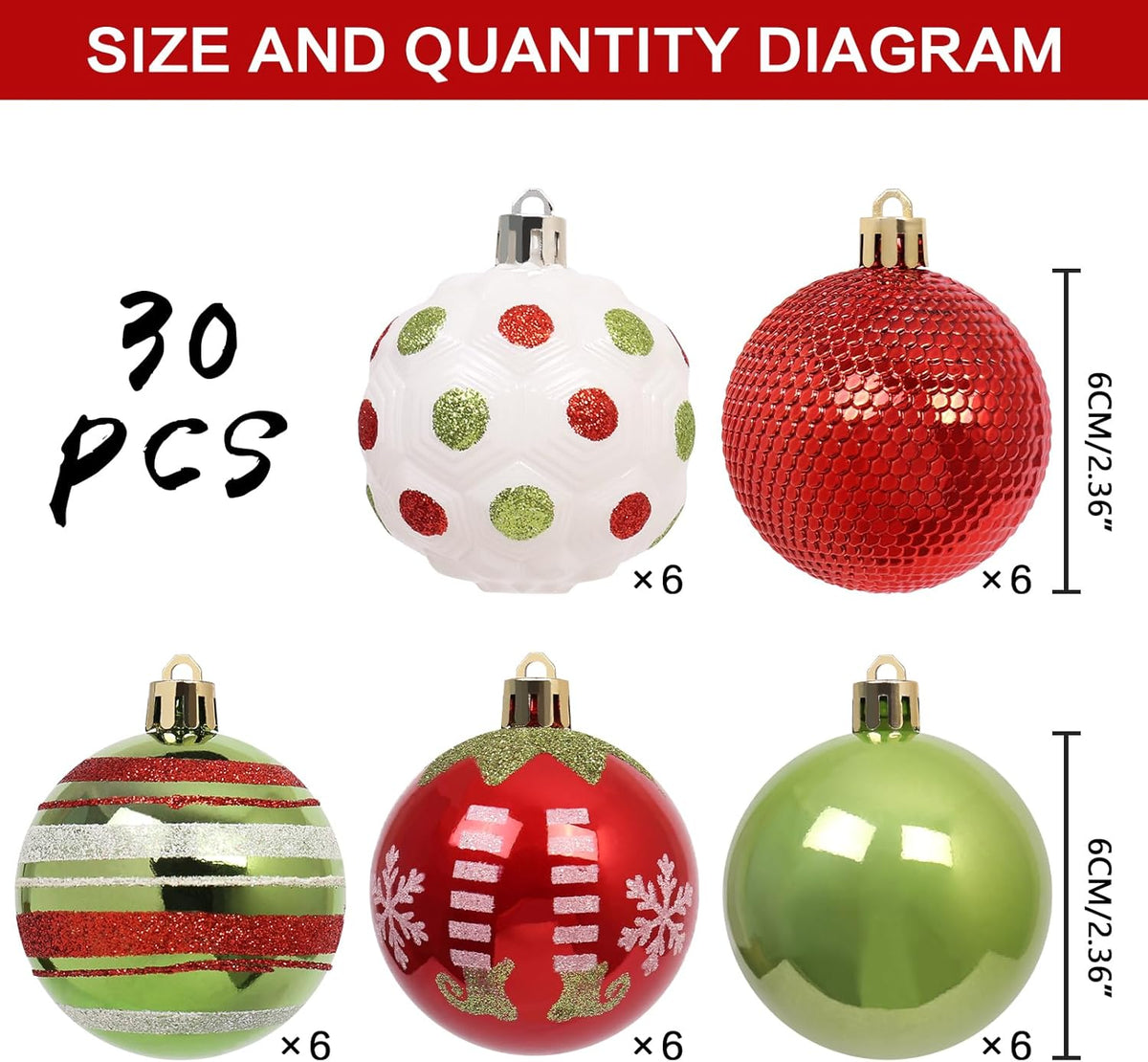 RoseCraft 30PCS Christmas Ornaments Set, 60MM/2.36" Red Green White Christmas Balls, Shatterproof