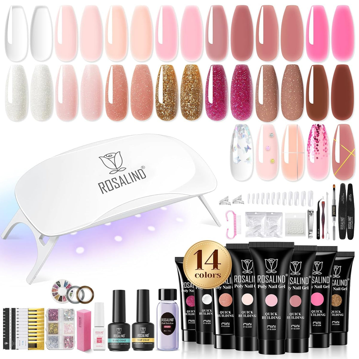 ROSALIND 14 Colors Poly Nail Gel Kit with Mini Nail Lamp Pink Brown Poly Nails Gel Kit Starter Kit