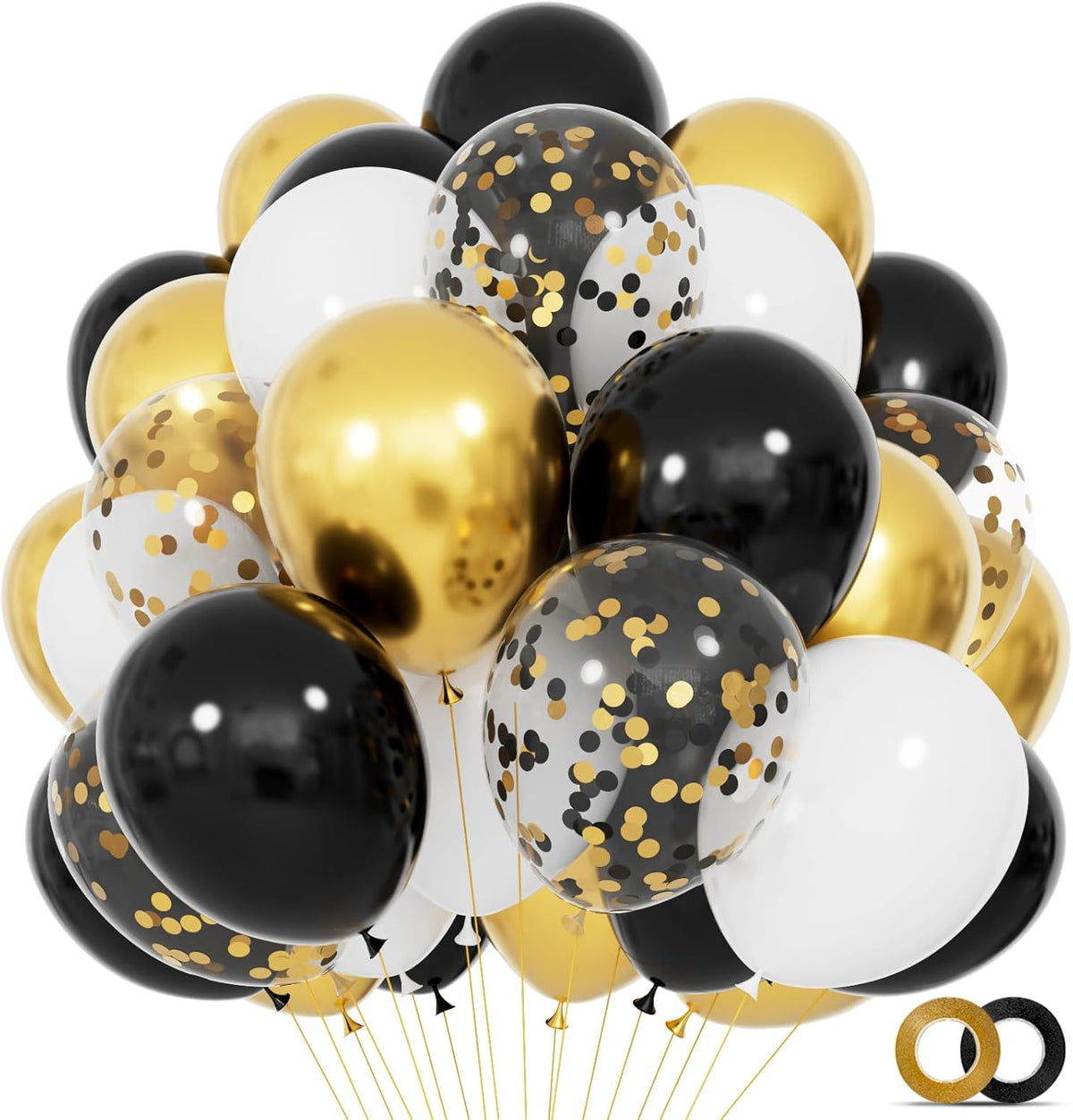 68Pcs Black White Gold Balloons with 12 Inch Black Gold Confetti Balloons for Graduation Birthday
