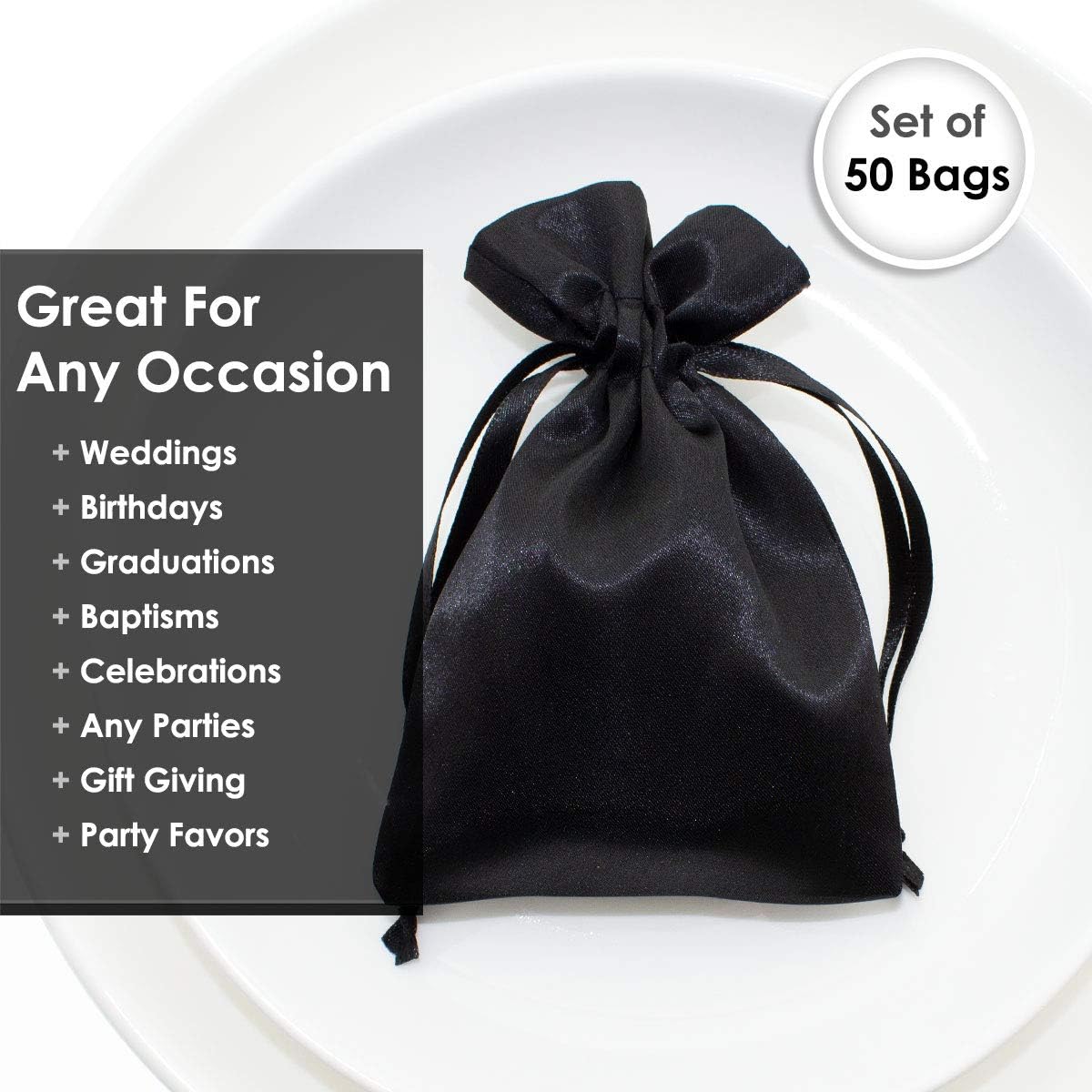 6" x 9" Black Satin Gift Bags, Jewelry Bags, Wedding Favor Drawstring Bags Baby Shower Christmas 50