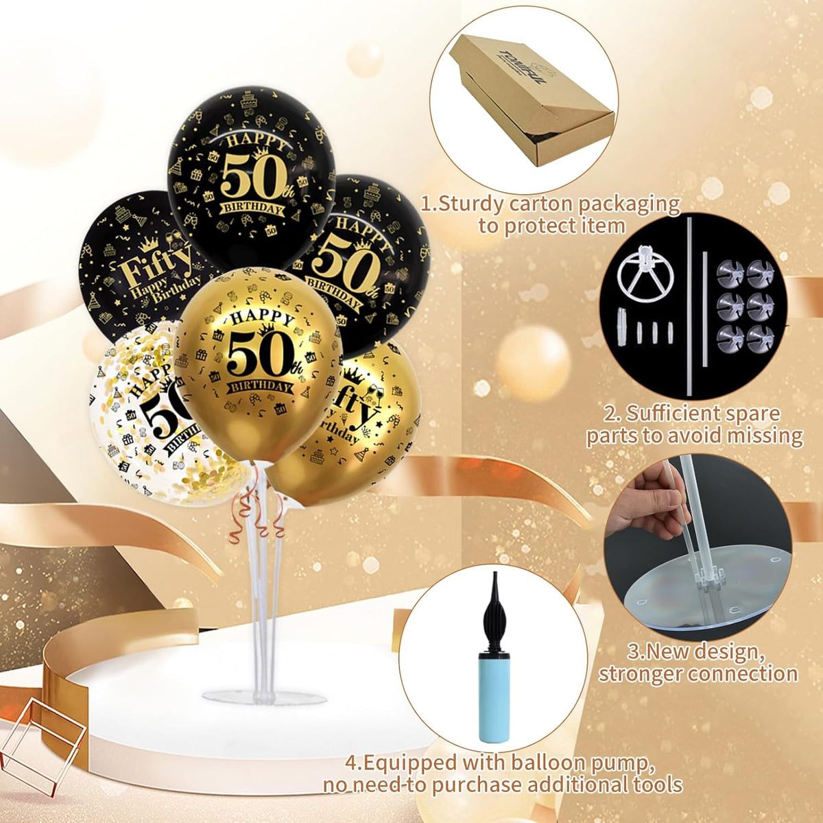 TONIFUL 4 Set Black Gold Balloon Stand Kit for Birthday Decorations for 50th,Balloon Centerpieces