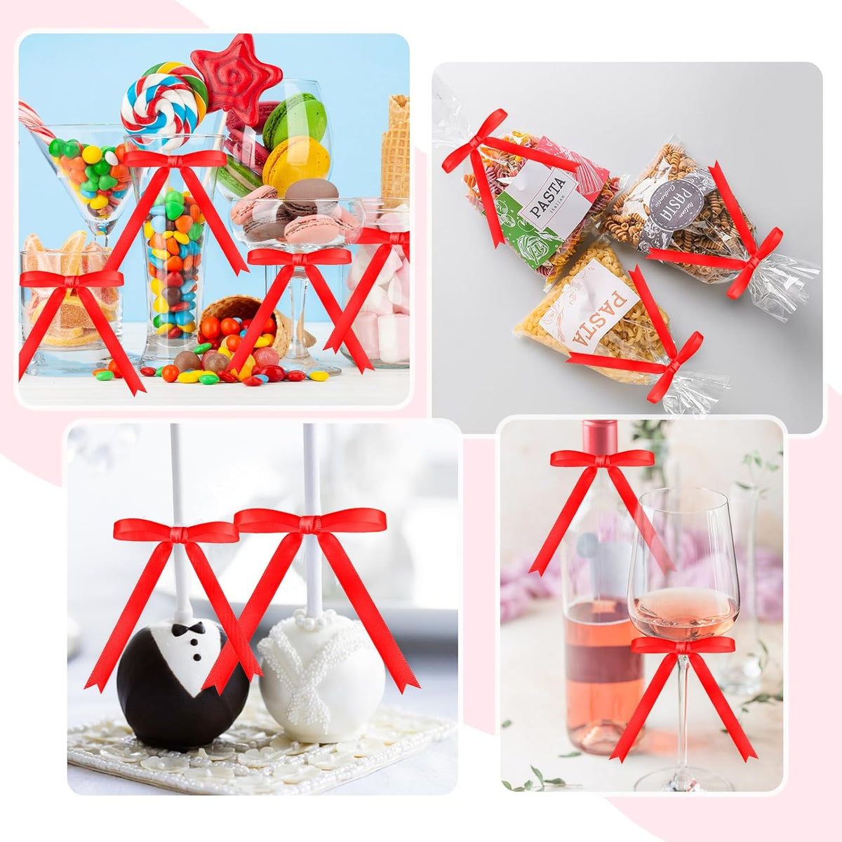 Riceshoot 50 Pcs Twist Tie Bows for Cake 3x4.5 Inch Satin Ribbon Bows for Gift Wrapping Treat Bags