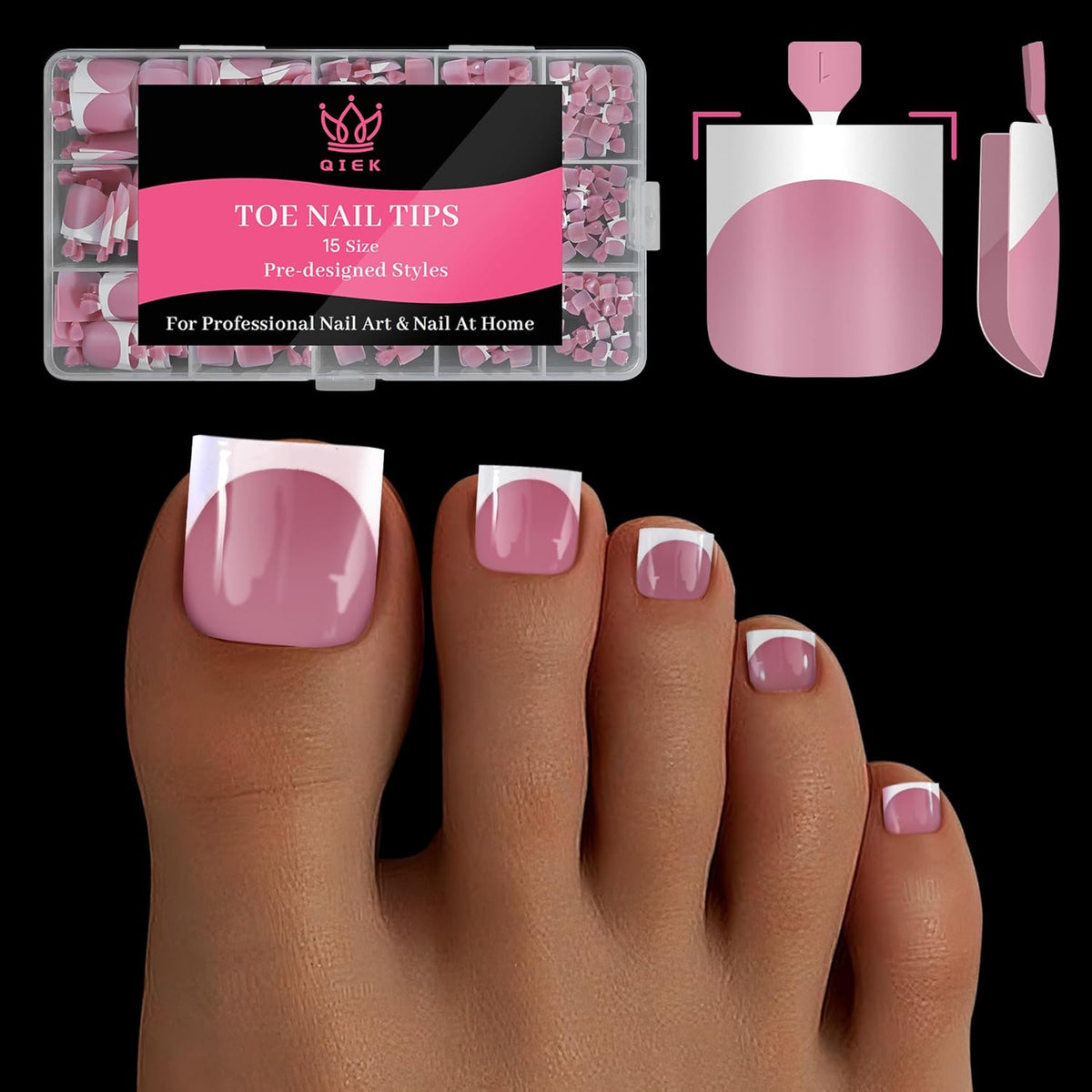 Toe Nail Press Ons French Tip, Sharp Square Berry Pink Pre-Designed Fake Toenail Press On for Women