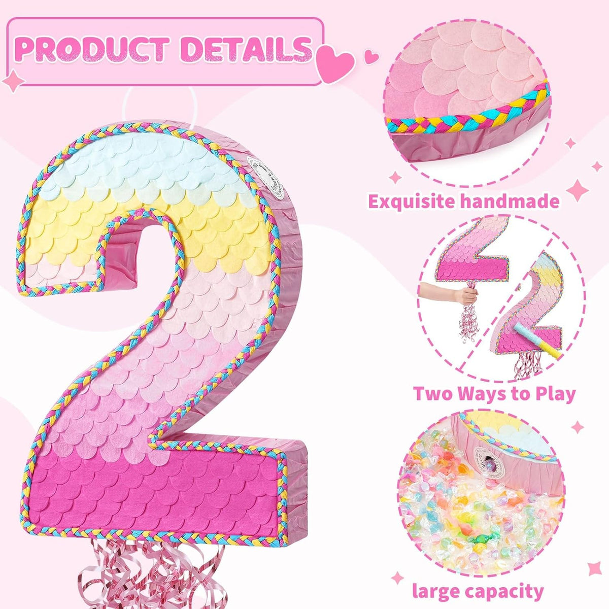 WERNNSAI Pink Sweet Two Pinata - Number 2 Pinata Happy Birthday Decoration Pink Rainbow Design