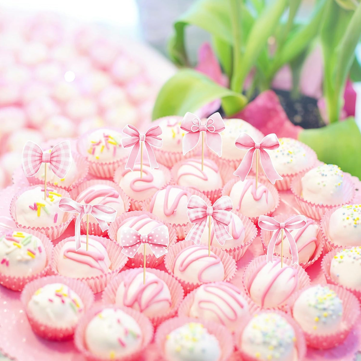 24pcs Coquette Bow Cupcake Toppers Pink Bow Coquette Birthday Cake Decorations for Bachelorette
