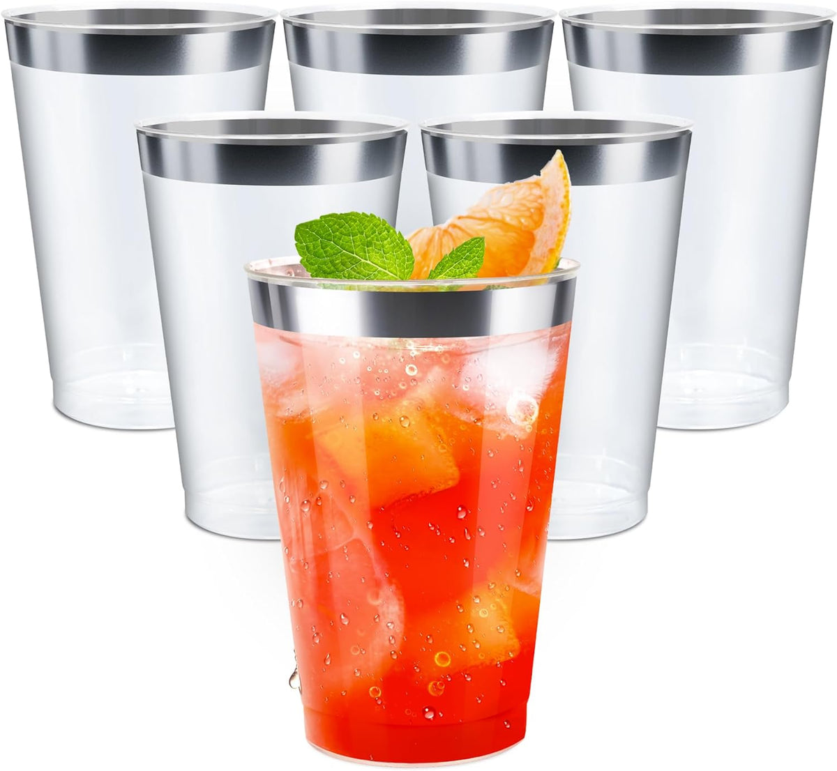 [200 Pack 12oz Clear Plastic Cups with Silver Rimmed Sturdy & Food Safe Disposable Wine Glasses