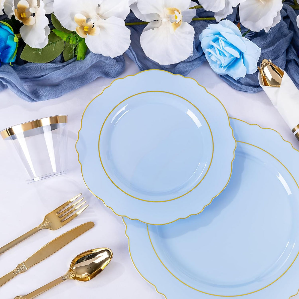 Liacere 350PCS Bule Plastic Plates - Disposable Bule and Gold Plates 50guest Baroque Plastic