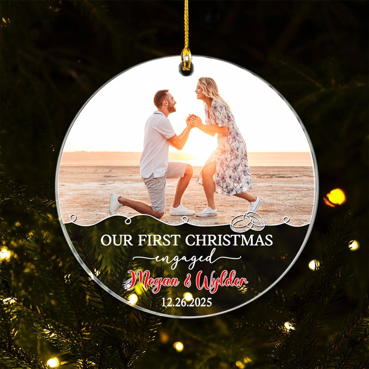 Our First Christmas Engaged Ornament, Customized Name Date & Photo Couple Just Engaged Ornament