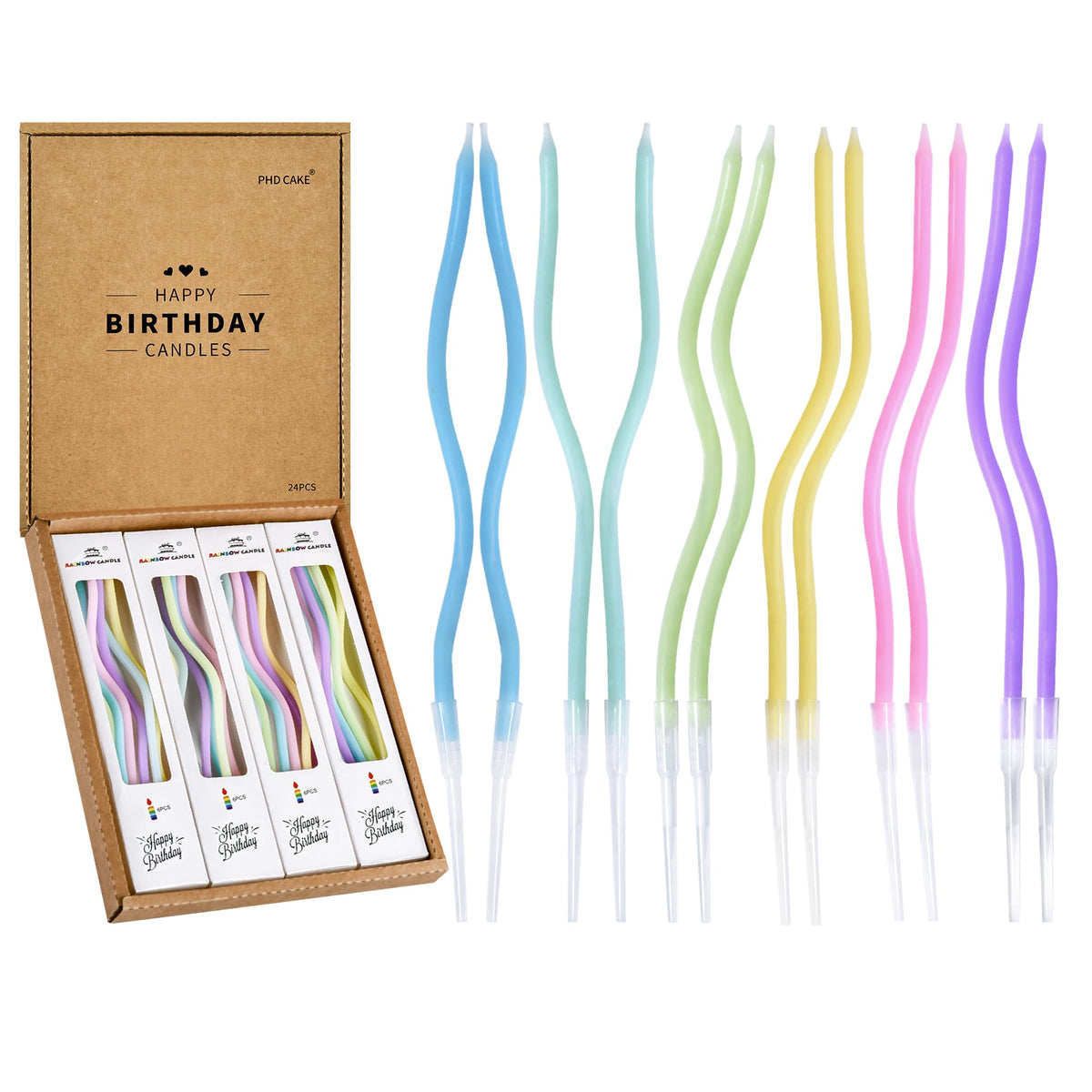 PHD CAKE 24-Count Colorful Pastel Spiral Long Thin Birthday Candles, Cake Candles, Birthday
