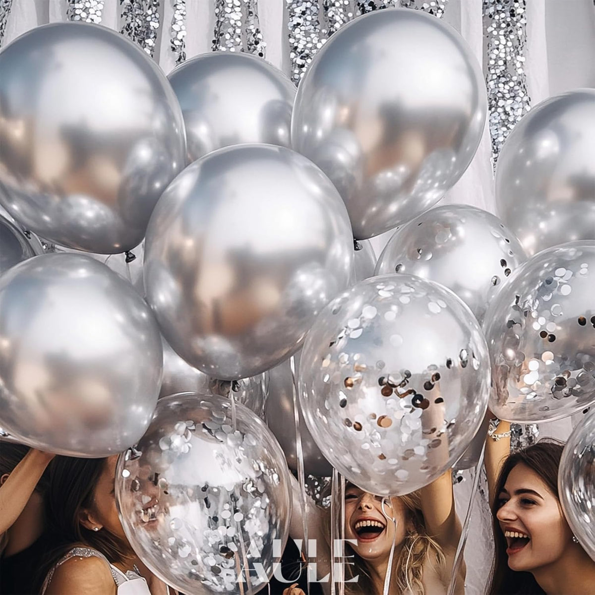 AULE Party Balloons Pack of 42 - Metallic Balloons & Confetti Balloons and 64ft Ribbons - 12 Inch