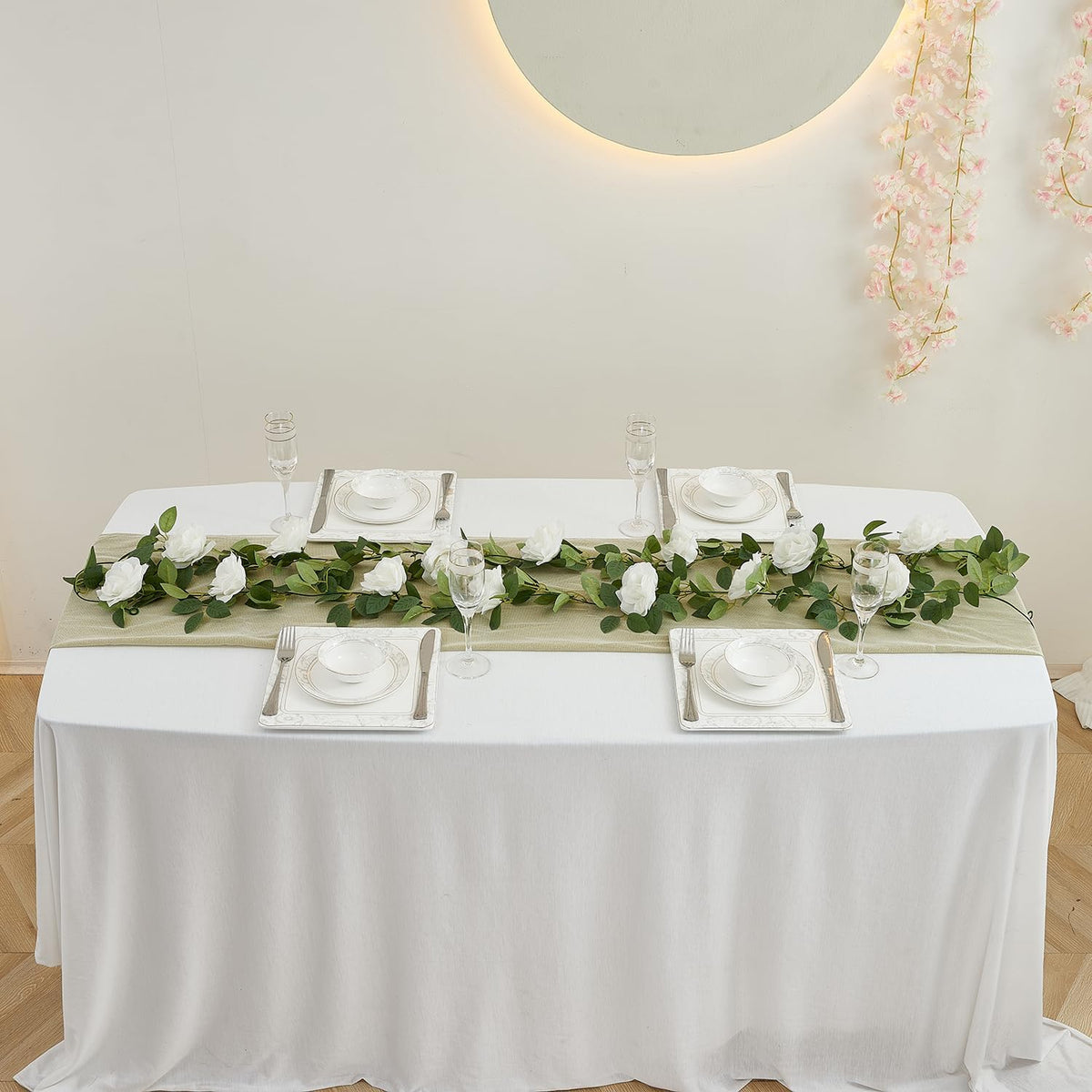 White Artificial Rose Garlands Rose Vines Leaves Banners Hanging Floral Garland Fake Rose Flower