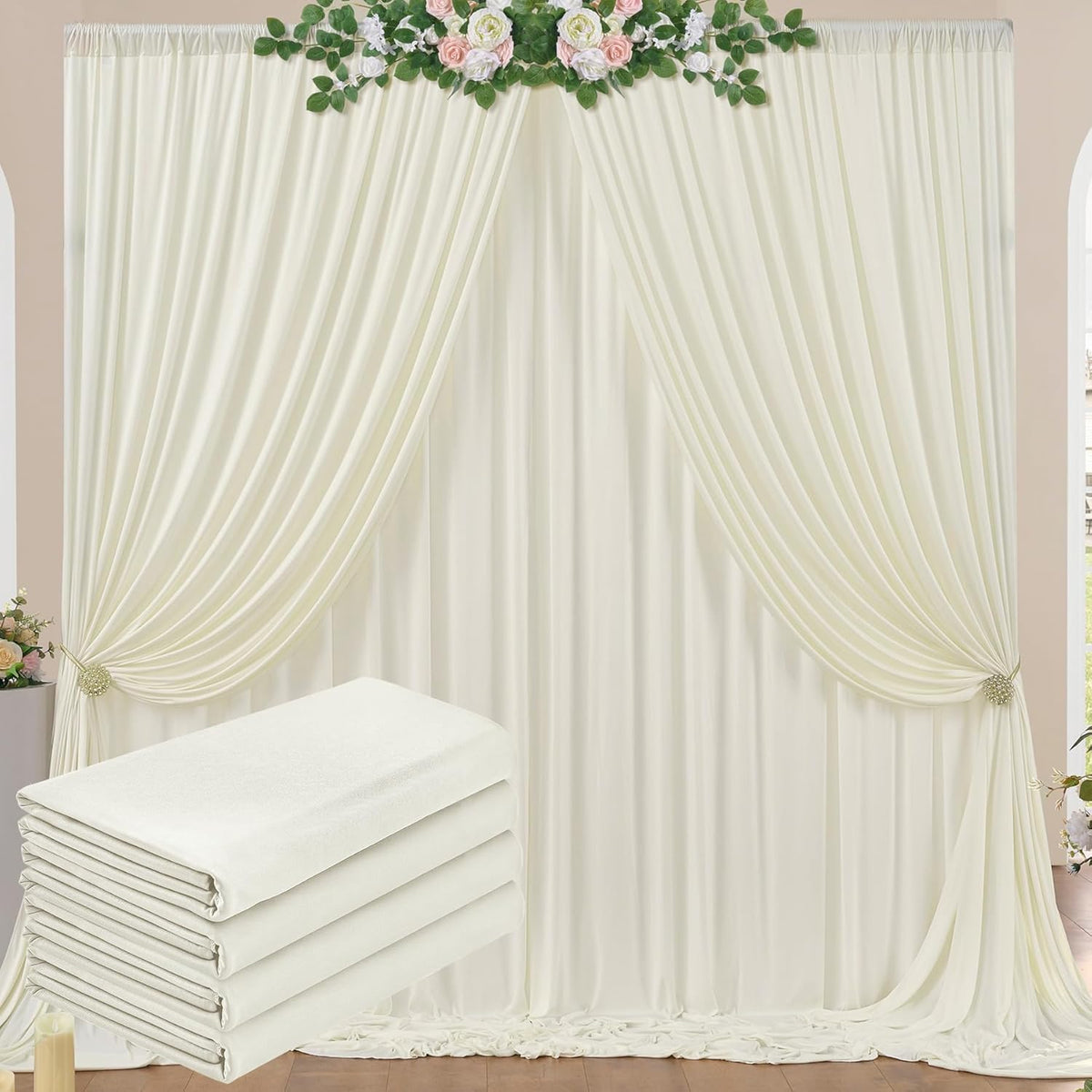 20 ft x 10 ft Wrinkle Free Ivory Backdrop Curtain for Wedding Parties, Polyester Ivory Photo