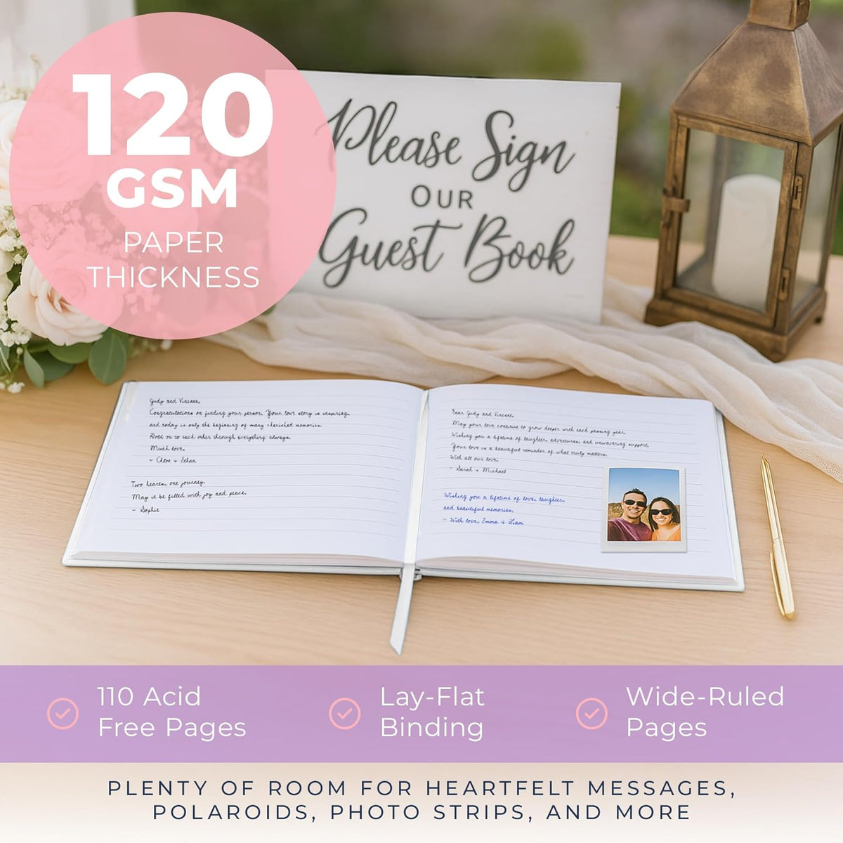 Promot Personalized Guestbook for Party (White) - 110 Lined Pages in Wood-Free Vegan Leather Hard