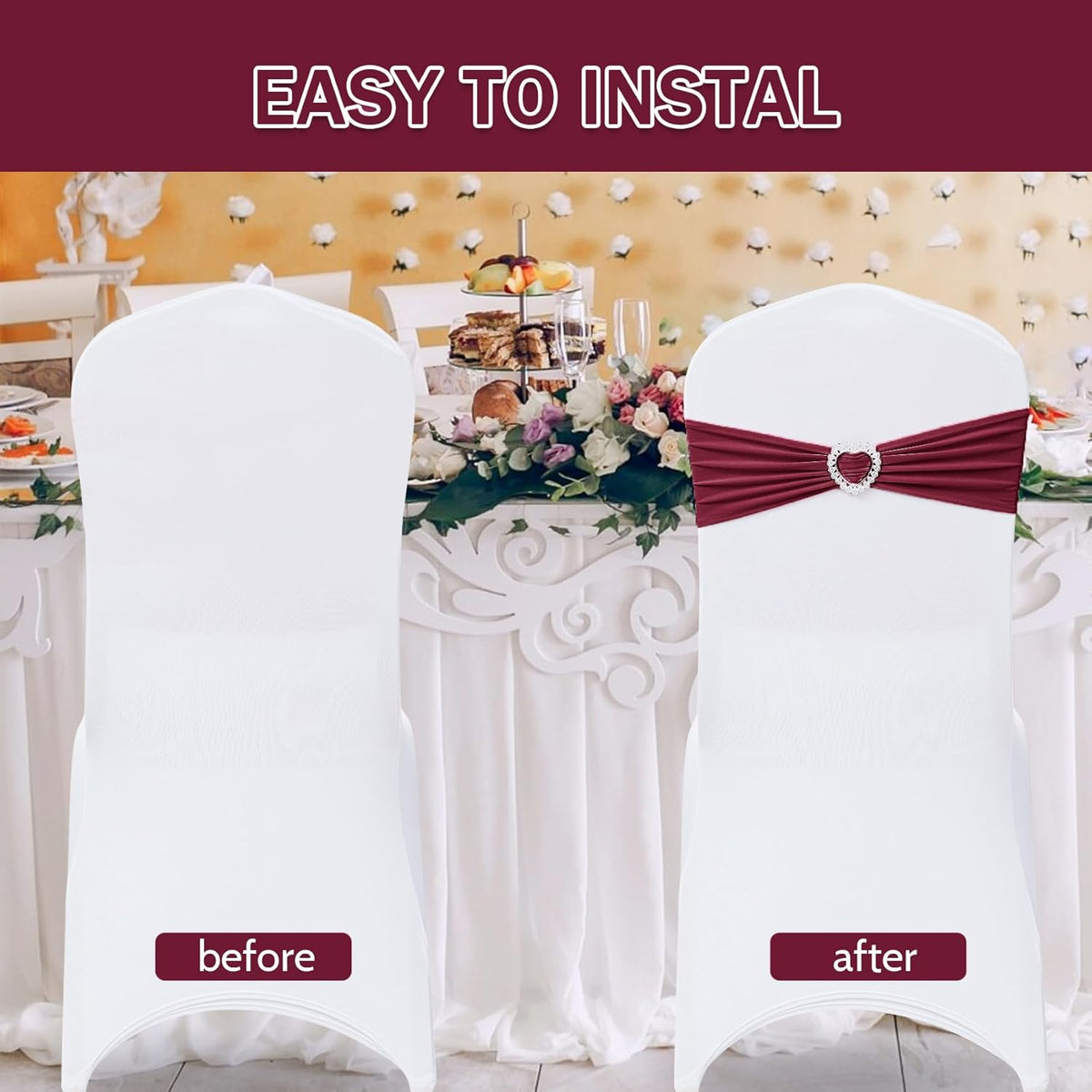 Howhic Pack of 120 Spandex Chair Sashes Bows Stretch Chair Cover Band with Buckle Slider Universal