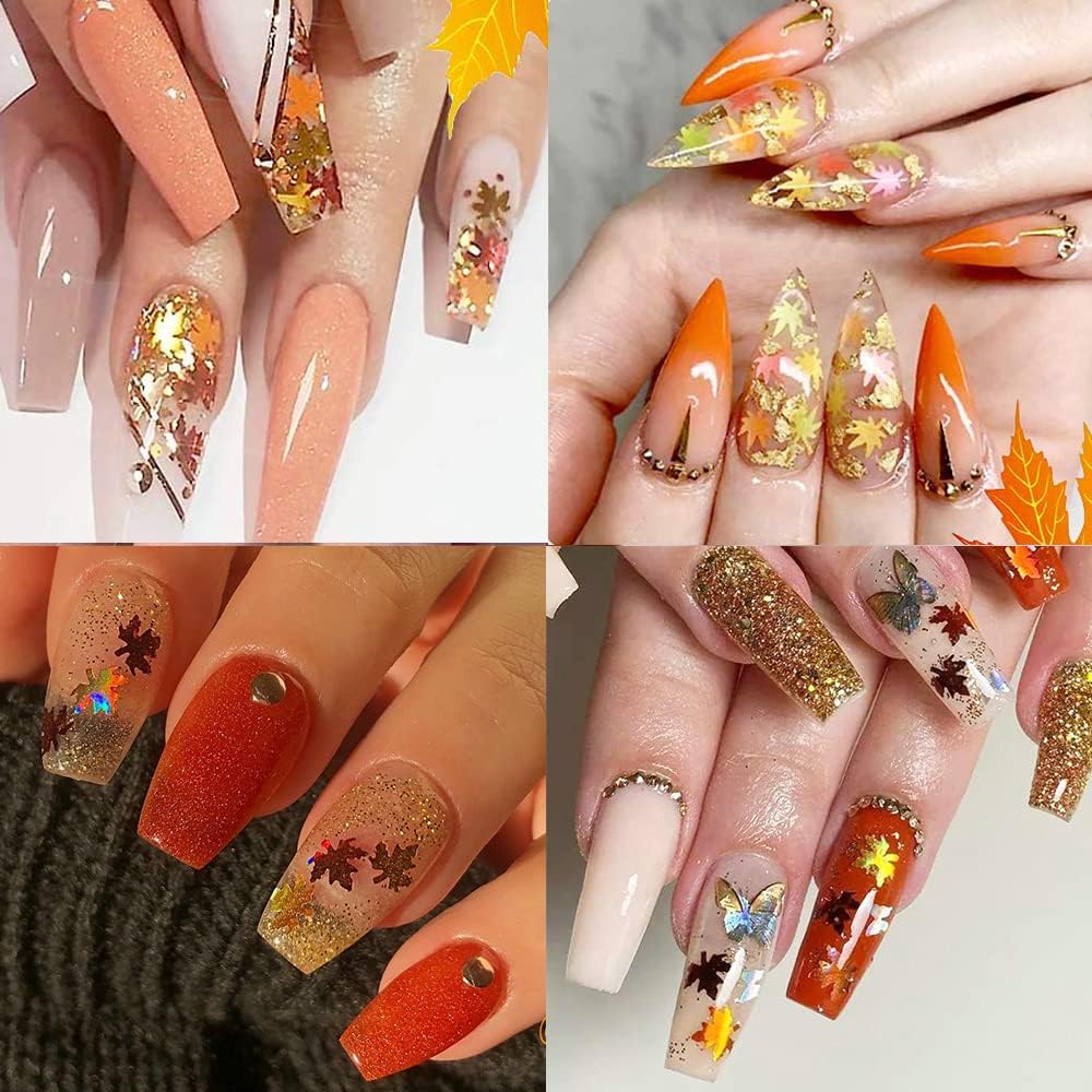 Maple Leaf Shape Glitter Fall Nail Art Sequins,3D Metallic Red God Orange Yellow Mixed Design