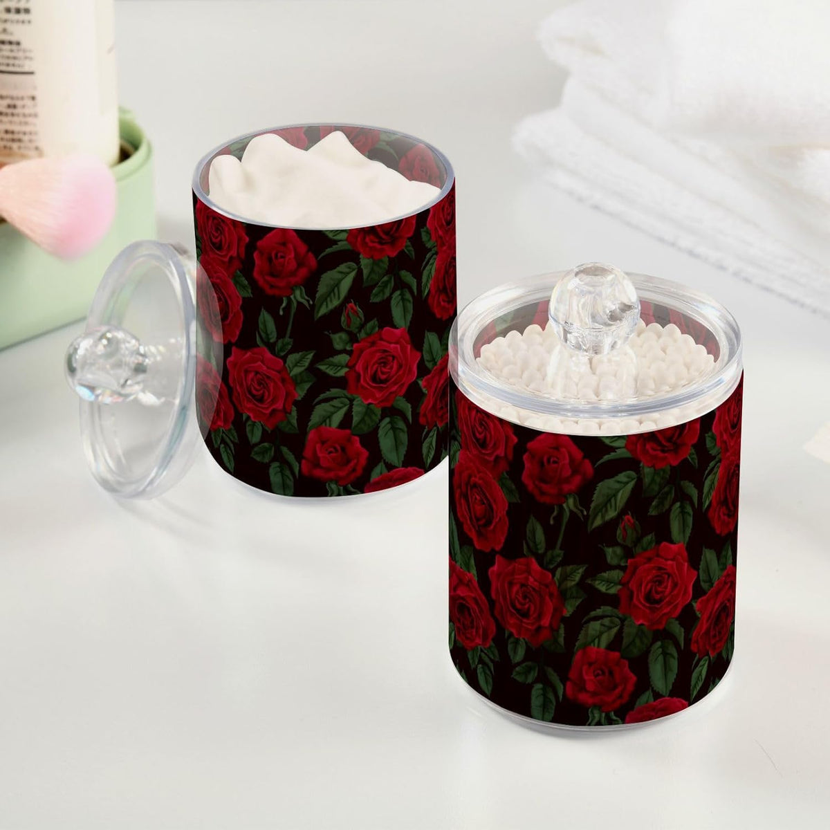 Gredecor Qtip Holder Dispenser 2 Pack Red Rose Flowers Leaves Bathroom Decorative Storage Canister