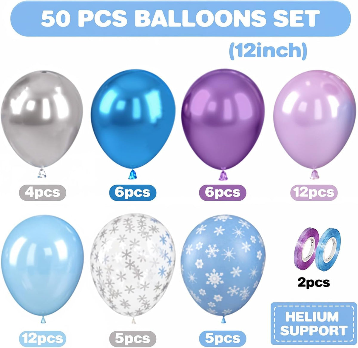 Frozen Balloons, 12 Inch Blue and Purple Balloons, Metallic Silver Blue Frozen Print Snowflake