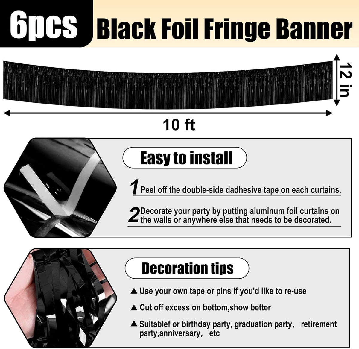6 Pack 10 Feet Black Foil Fringe Garland Metallic Tinsel Streamers Banner Wall Hanging Curtain