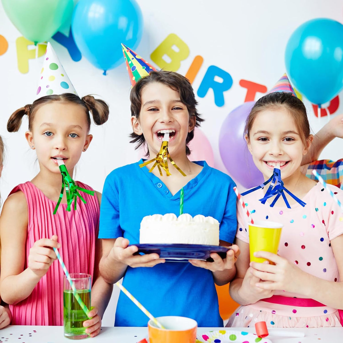 Party Blowers, 24 PCS New Years Noise Makers, Glitter Metallic Fringed Party Blowouts for Kids