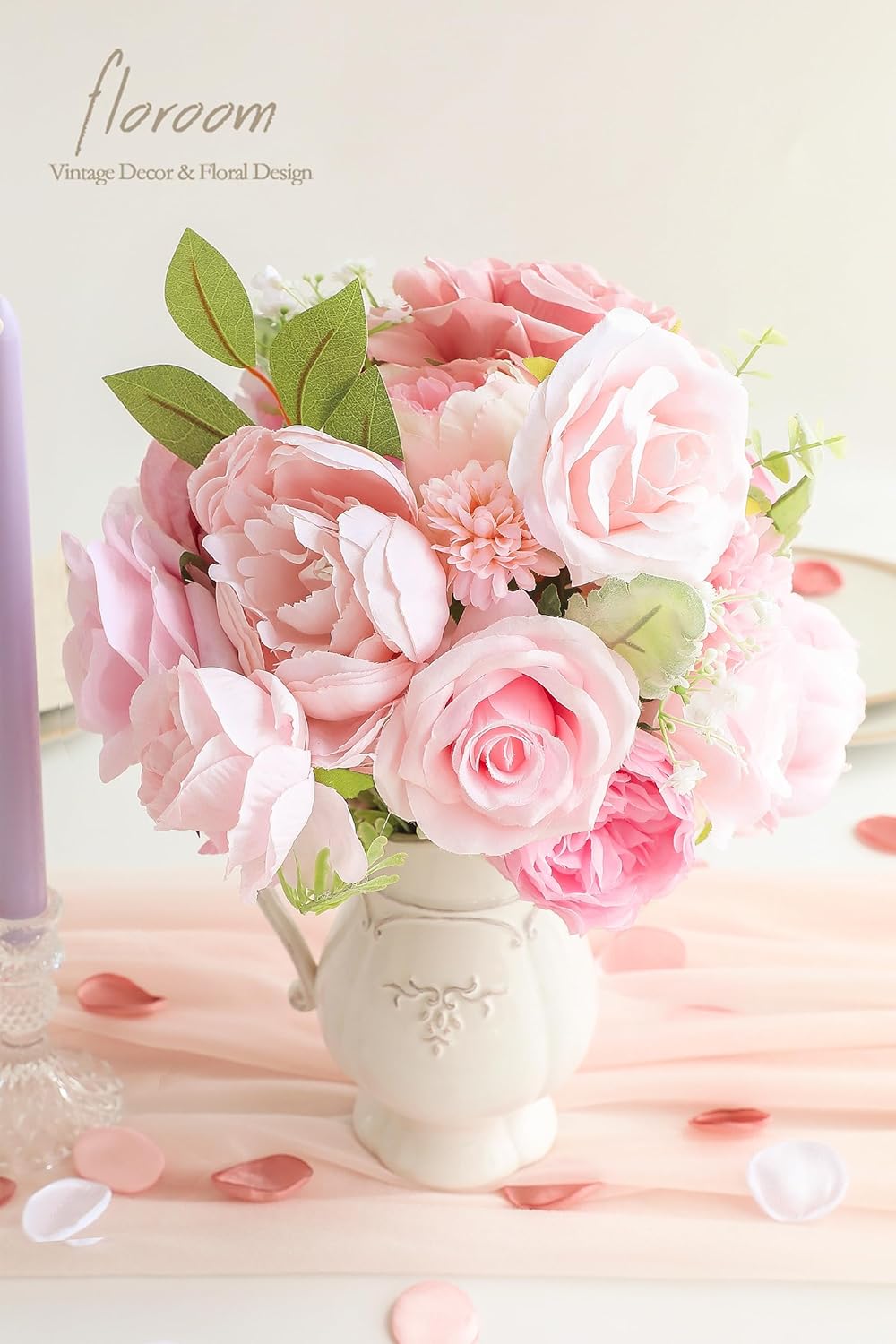 Floroom Blush Artificial Flowers Fake Roses Peonies Dahlia and Greenery Combo Box Set for DIY Pink