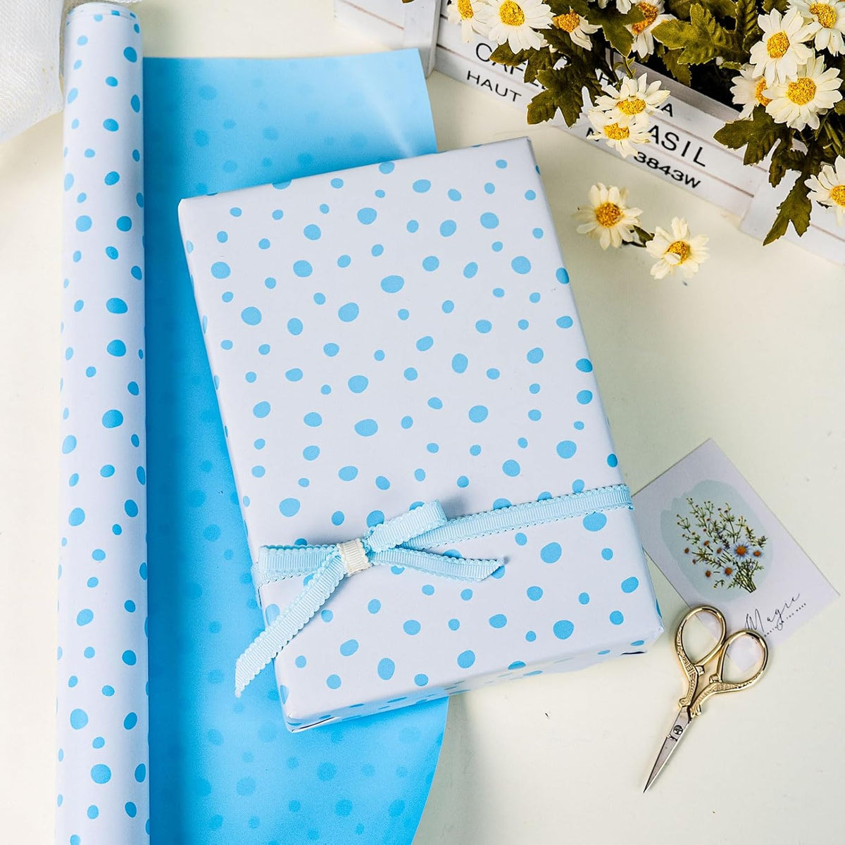 Burymento Blue Lrregular Wave Point Wrapping Paper, Reversible Gold Gift Wrap for Birthday