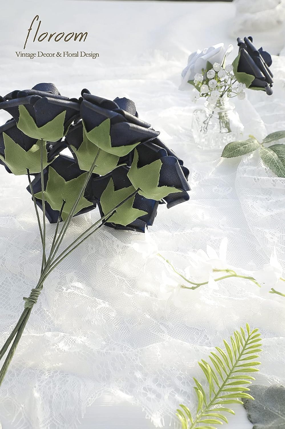 Floroom Artificial Flowers 25pcs Real Looking Navy Blue Foam Fake Roses with Stems for DIY Wedding