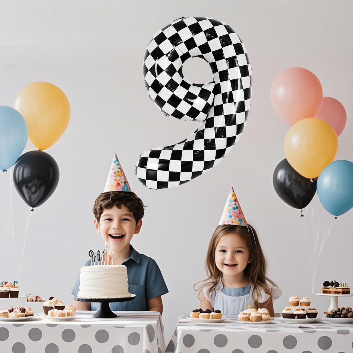 40 Inch Checkered Number Balloon - Race Flag Pattern Big Helium Balloon for Birthday Party