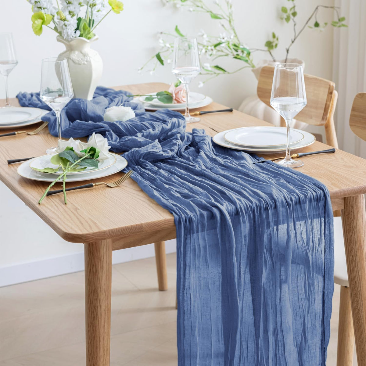 Asee'm 3pcs Cheesecloth Table Runner 120 Inches Long Blue Boho Gauze Cheese Cloth Runner 10FT
