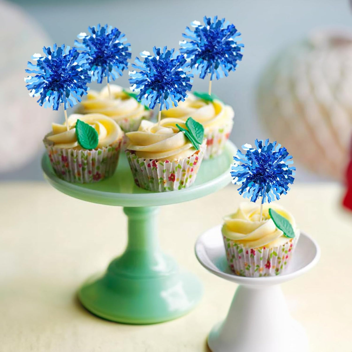 Ephlyn 30Pcs Foil Firework Cupcake Toppers Blue Tinsel Flower Drink Stirrers Cocktail Food Fruit