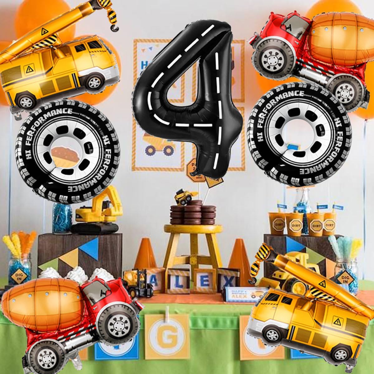 Construction Balloons 4rd Birthday Decorations for Boys 40inch Number 4 Balloons Truck Foil Balloon
