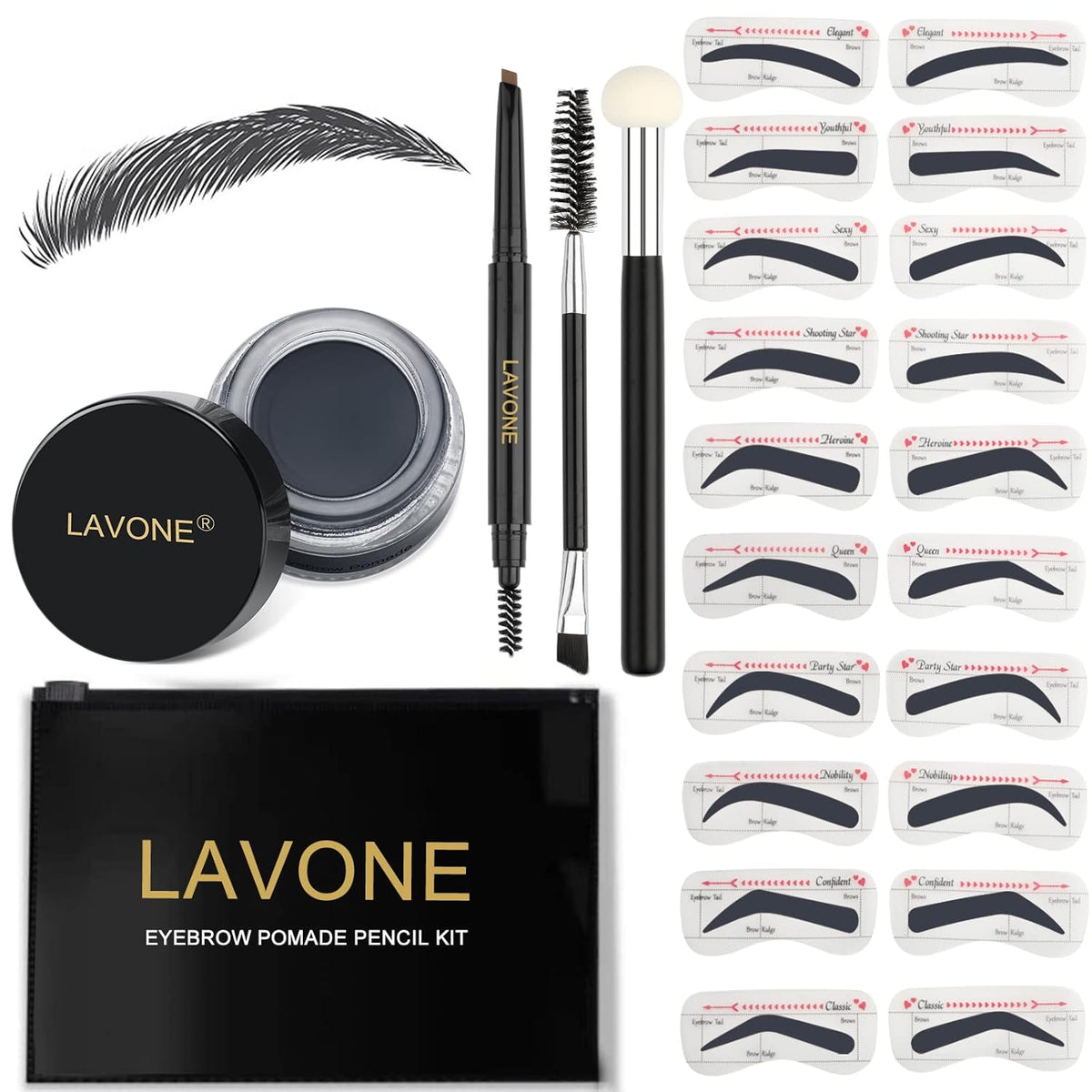 LAVONE Eyebrow Stamp Stencil Kit - Brow Stamp Trio with Waterproof Pencil, Pomade, 20 Stencils