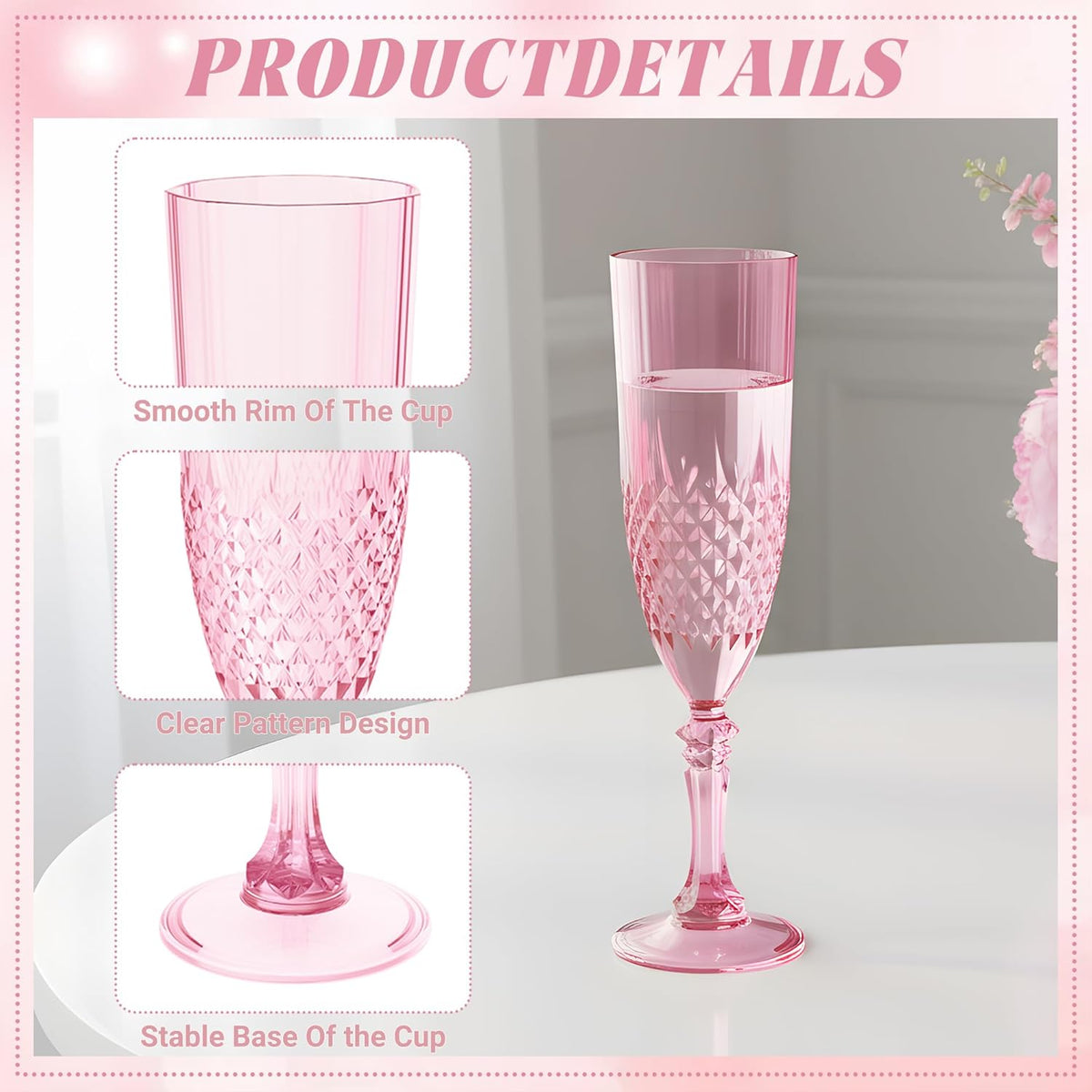 Plastic Champagne Flutes, 24PCS Pink Wine Glasses Goblets Cups Reusable Flute, for Weddings
