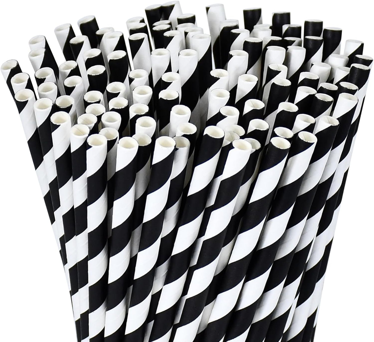Black White Striped Biodegradable Paper Drinking Straws Unwrapped 7.75 inch 100 Counts - for