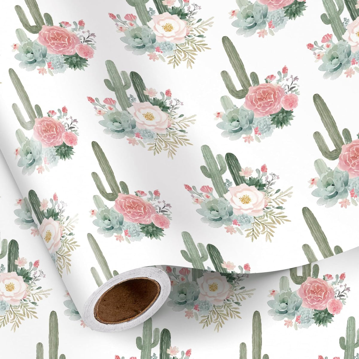 RUSPEPA Cactus Floral Wrapping Paper Roll, Mini Roll, Elegant Cacti and Roses Design, Soft Pink and