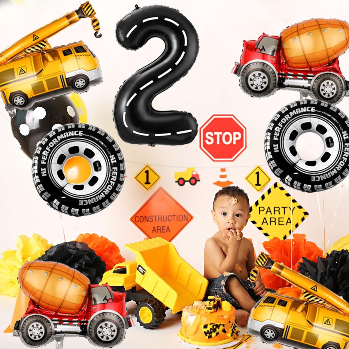 2nd Birthday Decorations for Boys Construction Balloons 40inch Number 2 Balloons Truck Foil Balloon
