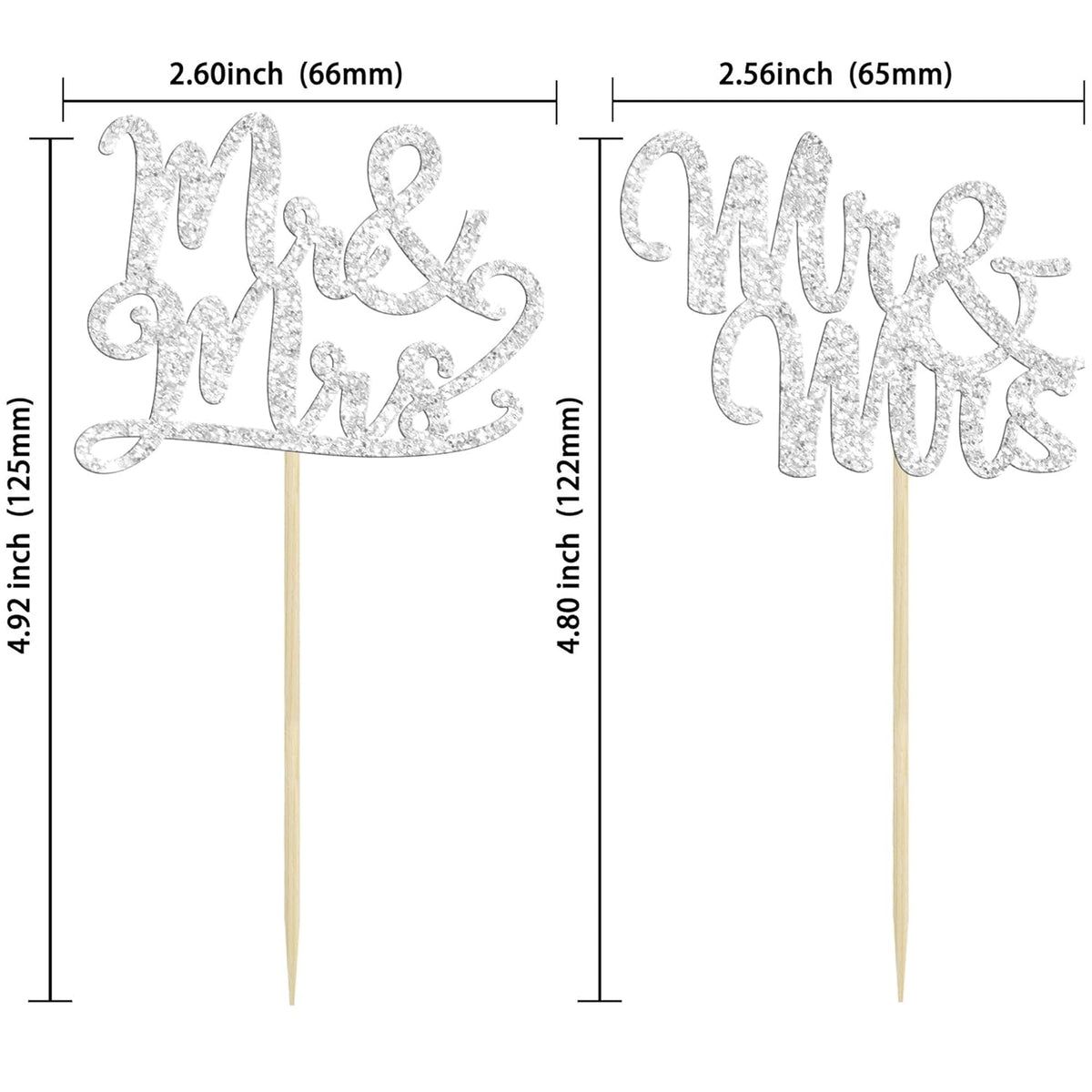 Gyufise 36Pcs Silver Glitter Mr & Mrs Cupcake Toppers Love Cake Decoration Picks for Wedding &