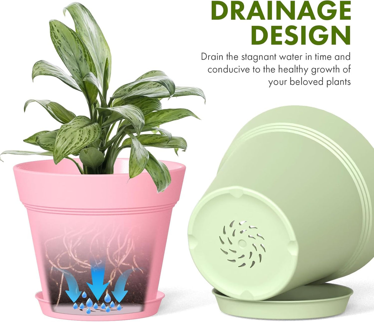 6 Inch Thick Plastic Plant Pots with Drainage Holes and Trays – 6 Pack Nursery Pots for Indoor &