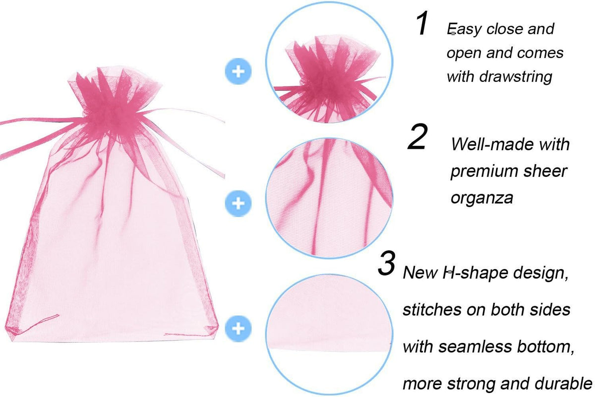 Wudygirl 100pcs Sheer Pink 5''X7 Organza Bags with Drawstring Jewelry Lipstick Pouches Baby Shower