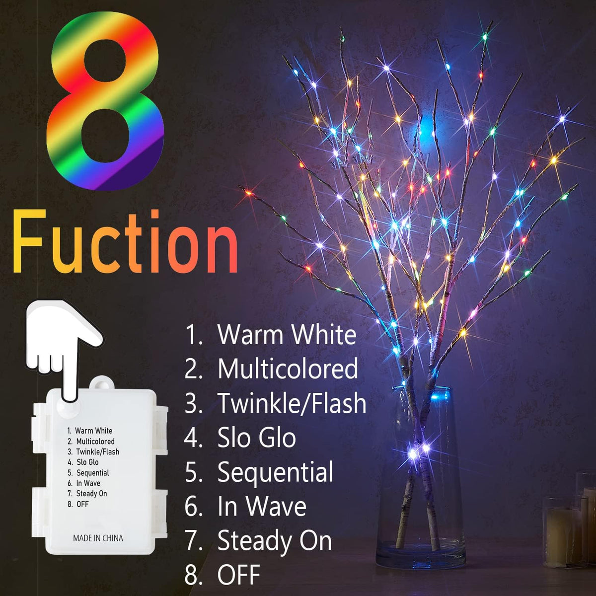 Fudios Lighted White Birch Branches with 100 Multicolor LED Fairy Lights 32in 8 Fuctions, Battery
