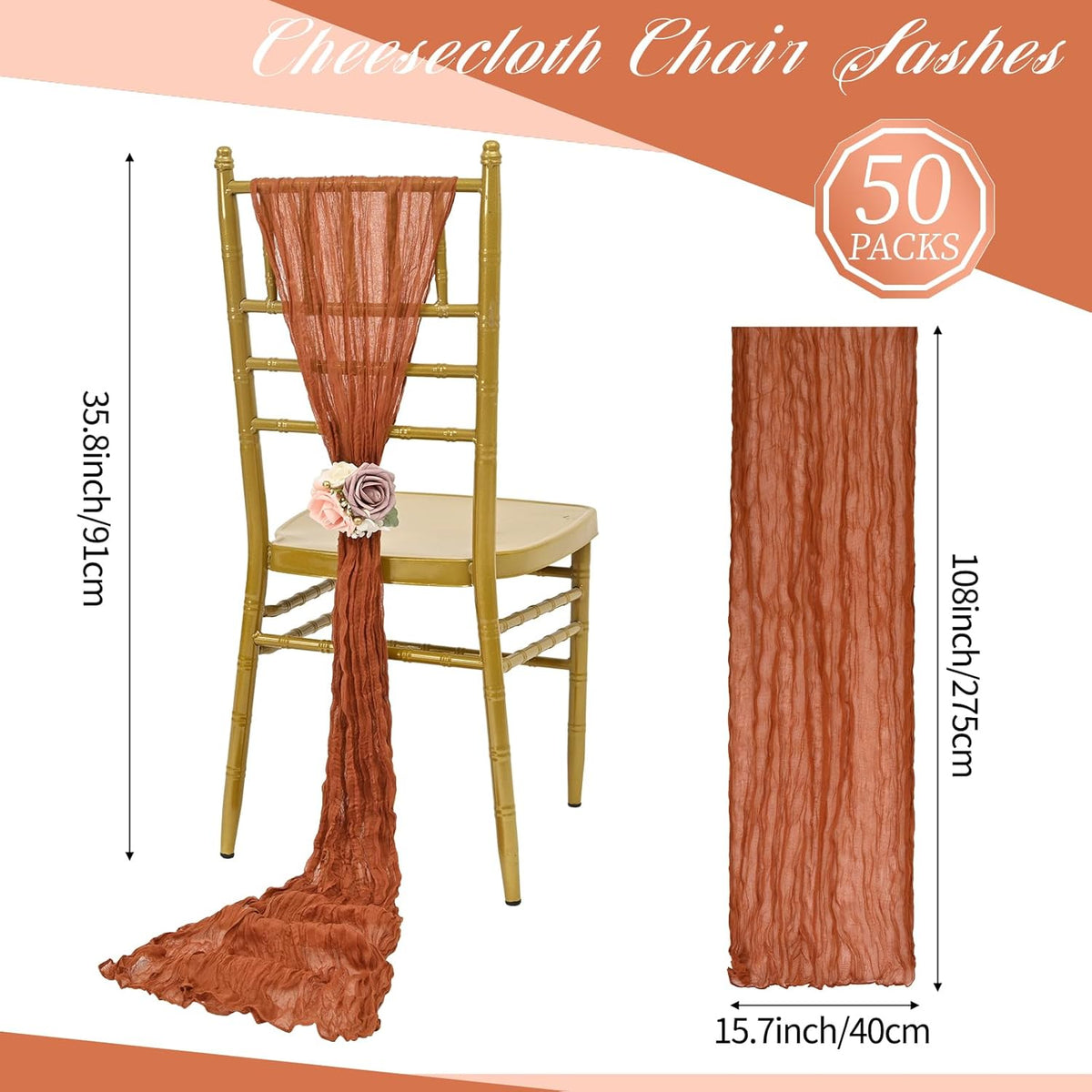 50 PCS Cheesecloth Chair Sashes, Bows Designed ChairSashes, 15.7x108 inch Chair Sashes for Aisle